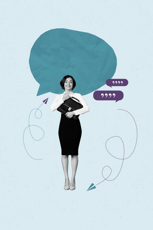 Art picture collage of person use stand under speech bubble on blue backgroundの写真素材