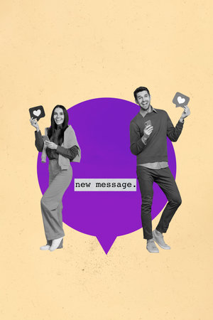 Picture art collage of people hold like icon sit big speech bubble new message on yellow backgroundの写真素材