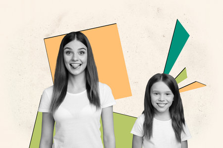 Collage of funny happy mother and daughter bonding together over modern geometric abstract designの写真素材