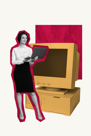 3d vertical poster banner collage of happy freelancer manager hold laptop pc monitor workplace programming softwareの写真素材