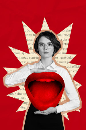 Vertical banner art pop image photo collage of serious girlの写真素材