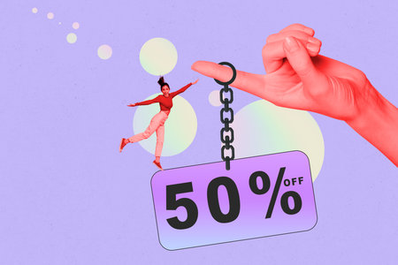 Sketch artwork banner creative collage of happy girl jump label tag percentage discount offer consumerism handの写真素材