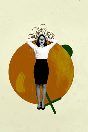 Poster pop collage of person stand with messy lines chaos on yellow backgroundの写真素材