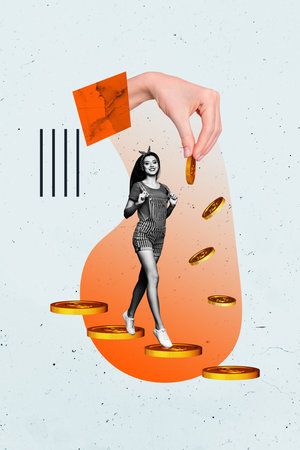 3d image zine poster trend art collage image of happy businesswoman stand hand pour dollar cash income capital coin transactionの写真素材