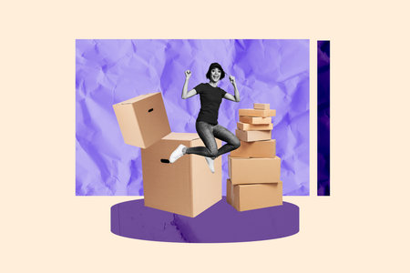 Banner sketch 3d collage poster of happy girl postal worker jump pile cardboard box shipment service delivery distributionの写真素材