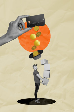 Zine vertical image photo art collage of happy businesswoman businessman stand hat collect dollar money credit card depositの写真素材