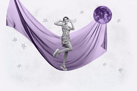 Full 3d poster art collage of happy girl guy stand space galaxy moon planet cosmos discovery outer-space painting astronomyの写真素材