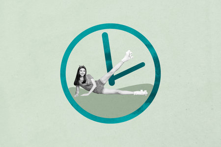 Full image zine art pop image collage of happy business girl guy stand deadline clock expire limit...