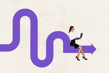 Banner image pop artwork 3d photo collage of happy freelancer businesswoman surf laptop arrow progress statistics startupの写真素材