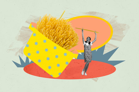 Composite banner full creative art collage of excited girl hold macaroni pasta pot boil prepare dinner nutrition healthy carbsの写真素材