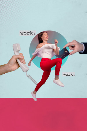 Vertical image poster art pop collage of happy businesswoman stand credit card transaction money vacancy search telephone handsetの写真素材