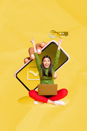 3d sketch trendy vertical art collage of happy man girl hold laptop sit phone message checkmark symbol web globe icon networkの写真素材
