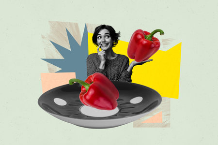 Pop zine 3d image collage of happy girl guy stand red pepper bulgarian paprika plate detox nutrition dinner healthy lifestyleの写真素材