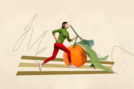 Trend creative collage of person stand run near tangerine on pastel backgroundの写真素材