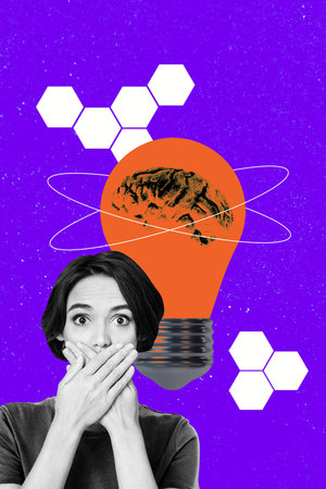 Exclusive image art pop trend collage of shocked girl shut mouth light bulb brain artificial intelligence technology innovationの写真素材