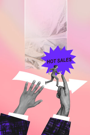 Exclusive image art pop trend collage of happy man run arrow direction hands point sale addiction market promoの写真素材