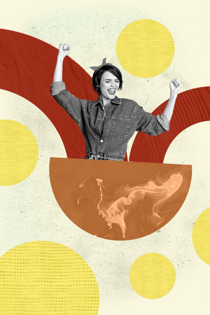 Art image vertical photo pop collage of happy businesswoman businessman stand geometric figure career development progress goalの写真素材