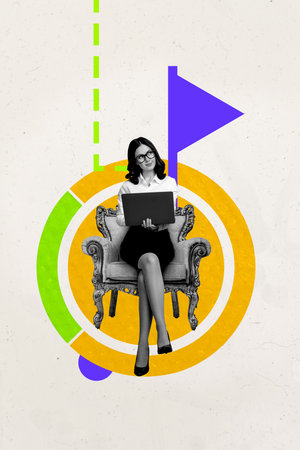 3d sketch poster pop trend collage of happy businessman businesswoman stand colorful icon target achievement goal progressの写真素材