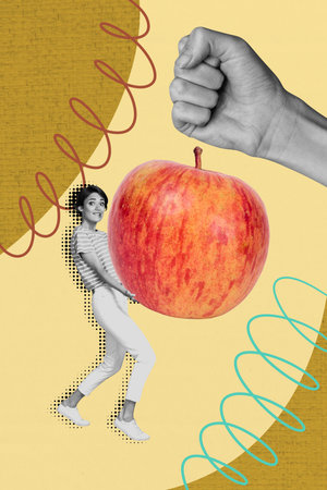 Vertical image art pop trend collage of minded girl carry big red apple autumn human hand show fist gesture fiber healthy lifestyleの写真素材