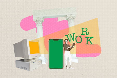 Trendy full banner image collage of happy freelancer businesswoman surf laptop stand pc monitor phone column workload managerの写真素材