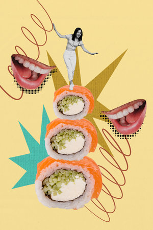 Poster 3d sketch pop art image collage of happy girl stand seafood sushi roll order mouth asian traditional meal restaurant makiの写真素材