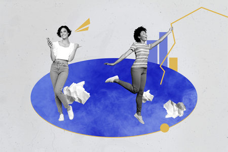 Creative image collage of people stand catch line use phone with charts crumpled paper on grey backgroundの写真素材