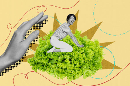 3d banner art pop trend collage of happy girl sit lettuce salad leaf healthy lifestyle fiber detox nutrition diet hand slimmingの写真素材