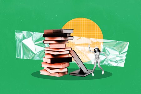 Image full photo collage of happy girl dance library encyclopedia book stack bookworm hobby...