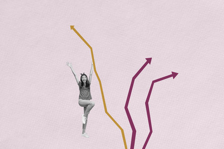 Creative pop collage of woman air fly success up with arrows on pink backgroundの写真素材