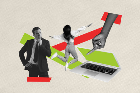 Trendy banner image 3d photo collage of two happy girl guy business partners stand laptop device geometric figure career promotionの写真素材