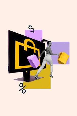 Sketch template design collage composite of computer monitor young lady run hold bag shopper black friday order promotion low priceの写真素材