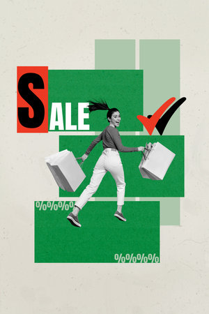 Vertical sketch 3d collage poster of happy girl run shopping carry bags checkmark addiction retail black friday discountの写真素材