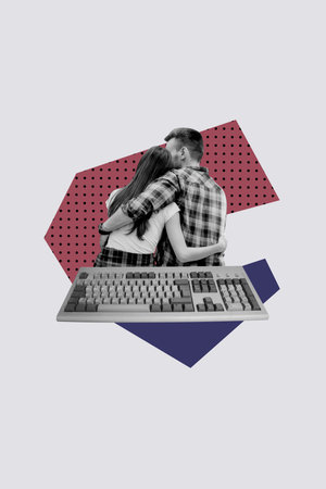 Contemporary artwork collage of happy businesswoman businessman stand keypad wireless device freelancer tool desktop qwertyの写真素材