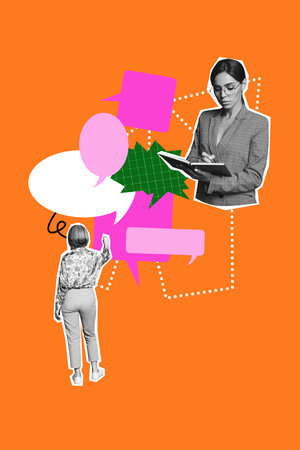 Trendy art creative image photo collage of two happy women talk phrase bubble distance conversation write planner note chatの写真素材