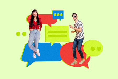 Creative poster banner 3d collage photo of two happy girl guy stand bubble communication icon...