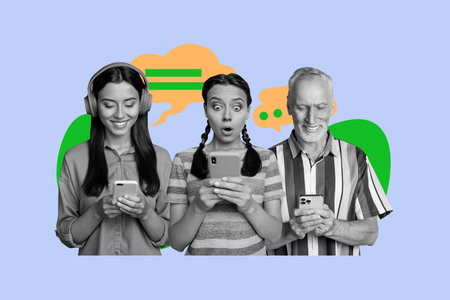 Trendy poster art pop collage of happy men women speak together bubble communication chatterbox icon...
