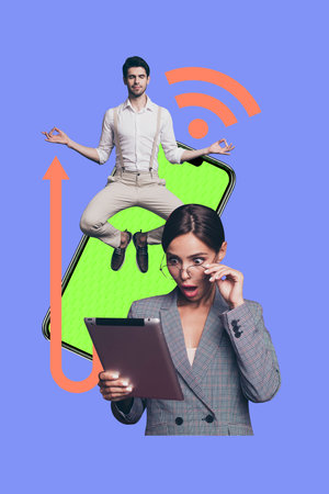 3d sketch image vertical collage of happy girl guy stand phone device wifi modern speed connection arrow progress hotspot 5gの写真素材