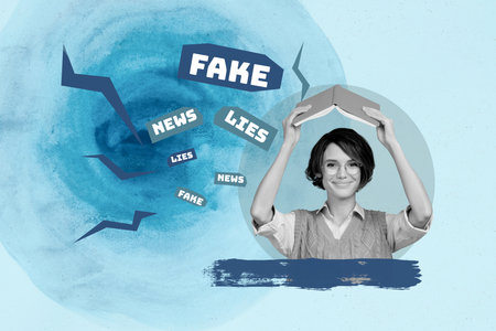 Trend banner collage of person hold book on blue background with phraseの写真素材