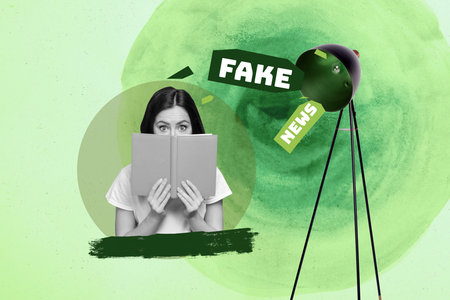 Pop art collage of person read book stand near lamp with fake news on green backgroundの写真素材