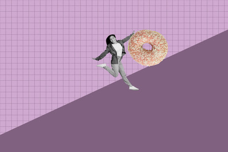 Poster trend collage of person stand with donut dessert on purple backgroundの写真素材