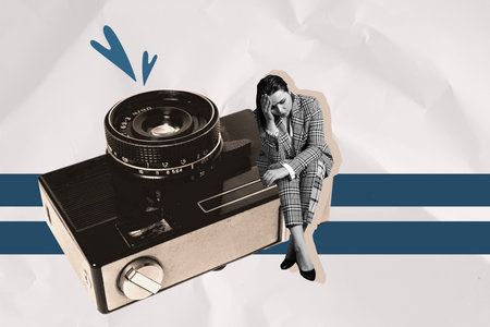 Exclusive zine art pop trend collage of puzzled girl sit broke polaroid photo-camera shooting paparazzi retro device conceptの写真素材