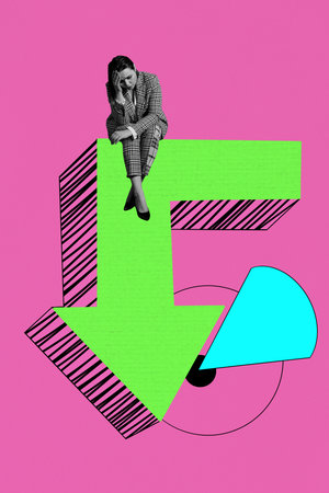 Vertical image art pop trend collage of inexperienced businesswoman sit arrow regress stand problem collapse economy crisisの写真素材