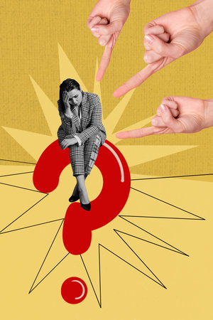 Vertical artwork 3d photo collage of puzzled girl sit alone hands point pressure question mark idea ponderの写真素材