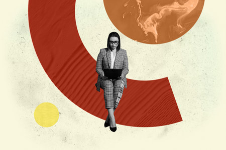 Art image full photo pop collage of happy businesswoman businessman stand geometric figure career development progress goalの写真素材