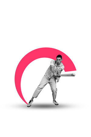 Zine image zine art pop trend collage of happy sportsman hold bat push ball baseball game player match tournament activityの写真素材