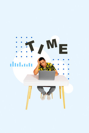 Vertical art 3d creative image collage of puzzled businessman sit workplace table time expire limit deadline pressure surf laptopの写真素材