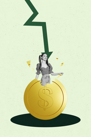 Sketch vertical photo collage of inexperienced businesswoman businessman stand arrow decline dollar loss crisis inflation bankruptの写真素材