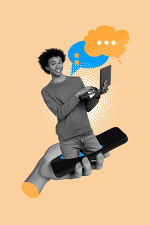 Vertical 3d poster art collage of happy girl guy hold phone laptop send message bubble communication interface sms chattingの写真素材