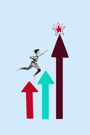 Vertical photo collage of happy girl barista fly coffee cup carry coffee beverage star statistics...