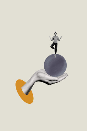 Creative 3D photo collage trend artwork template of huge hand hold ball toy balance challenge young guy stand keep drink coffee cup togoの写真素材